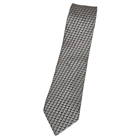LANVIN Men's 100% Silk Necktie LUXURY Tie Gray Geometric W:2.7" EUC - Picture 1 of 4